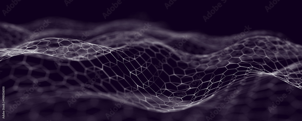 Poster Digital dynamic cyber wave. Abstract futuristic hexagon background with dots and lines. Big data visualization. 3D rendering.