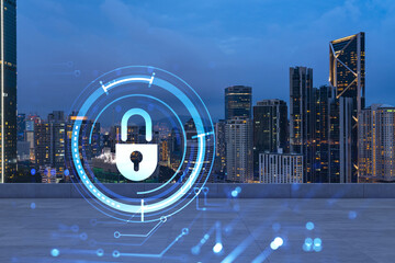 Rooftop with concrete terrace, Kuala Lumpur night skyline. Cyber security concept to protect clients confidential information. IT hologram padlock icons. City downtown. Double exposure.