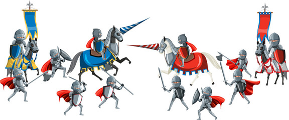 Medieval knights in a battle on white background