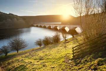 Bridge on a Ladybower Reservoir in Peak District during sunrise
