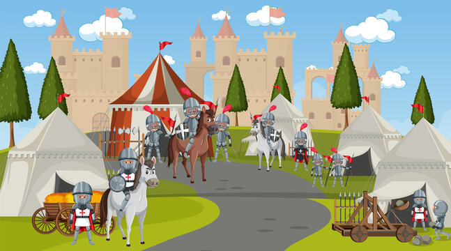 Medieval town scene camp with tents and castle