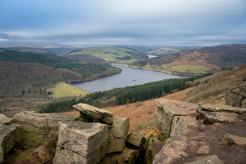 View from Bamford Edge towards Ladybower Reservoir in Peak District UK