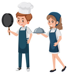 Male and female chef in blue apron