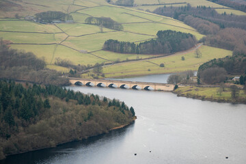 View from Bamford Edge towards bridge on a Ladybower Reservoir in Peak District UK