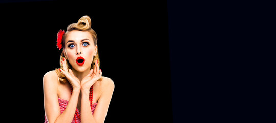 Unbelievable news! Excited surprised, very happy blond hair woman. Pinup syle girl with open mouth...
