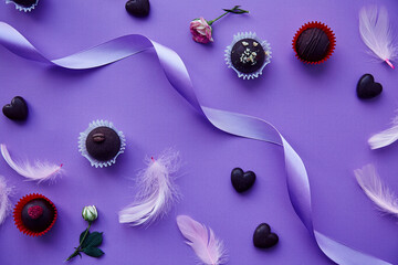 Chocolate and heart shaped candies. Trendy pink feathers, purple ribbon with pink roses. Very peri pantone color pattern.