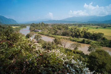 Fototapeta na wymiar Vang Vieng Landscape with Nam Song River, Central Laos