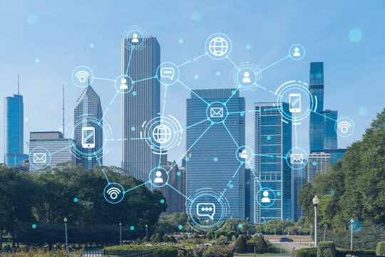 Chicago skyline, Butler Field towards financial district skyscrapers, day time, Illinois, USA. Parks and gardens. Social media hologram. Concept of networking and establishing new people connections - Powered by Adobe