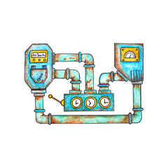 Pipes rusty old dirty in steampunk style, hand drawn watercolor drawing, steampunk doodle . Vector trace. Vector illustration