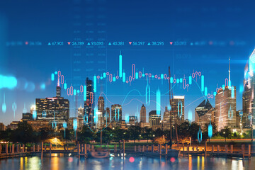 Obraz premium Downtown skyscrapers city view, Chicago skyline panorama over Lake Michigan, harbor area, night time, Illinois, USA. Forex graph hologram. Concept of internet trading, brokerage, fundamental analysis