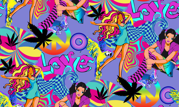 Seventies style seamless pattern: bright colors, girls, marijuana.