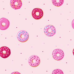 Seamless pattern with pink donuts. Hand drawn vector illustration. Trendy texture for print, textile, packaging.
