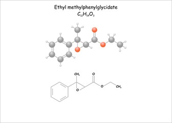 Stylized molecule model/structural formula of ethyl methylphenylglycidate. Use for strawberry flavoring in food.