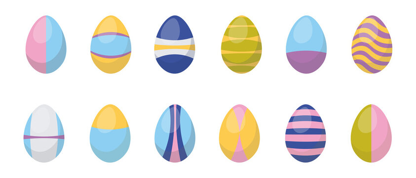 Set of Easter eggs different patterns on white background. Vector illustration of Easter eggs with texture, ornaments and paintings in cartoon style.