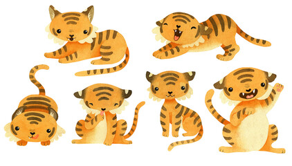 Watercolor cute cartoon little Tiger. Isolated on white background