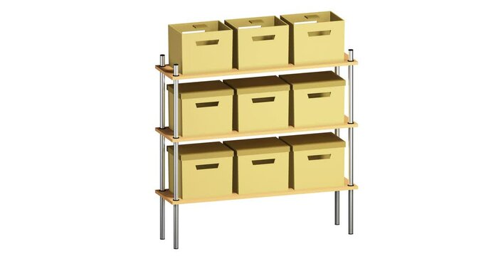 Shelf with drawers. Furniture for storage and sorting of documents, personal belongings, utensils. 3d animation. 4k animation in cartoon style. Storage space in the garage.
