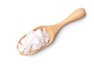 Flat lay of Pure natural sea salt in wooden scoop isolated on white background. Clipping path.