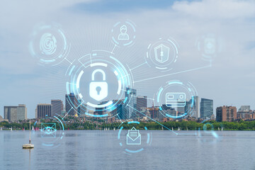 Panorama skyline, city view of Boston at day time, Massachusetts. Building exteriors of financial downtown. Glowing Padlock hologram. Concept of cyber security to protect confidential information