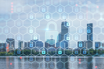 Panorama skyline, city view of Boston at day time, Massachusetts. Building exteriors of financial downtown. Glowing Padlock hologram. Concept of cyber security to protect confidential information
