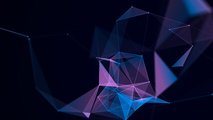 Network connection structure. Abstract blue background with moving dots, lines and triangles. Futuristic illustration. Digital technology design. 3d rendering
