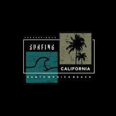 Vector illustration on the theme of surfing and surf in California, Malibu Beach. Vintage design. Grunge background. Sport typography, t-shirt graphics, print, poster, banner, flyer, postcard
