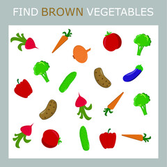 Find brown-colored vegetables among the multi-colored ones. Children's educational game.