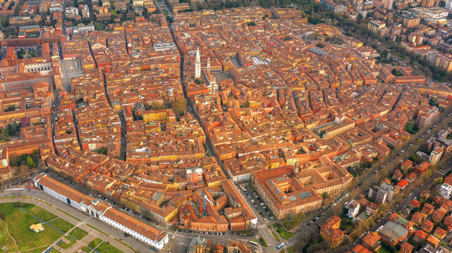 Aerial view on the historic center of Modena. In the center stands the Ghirlandina tower, the symbol of the city.