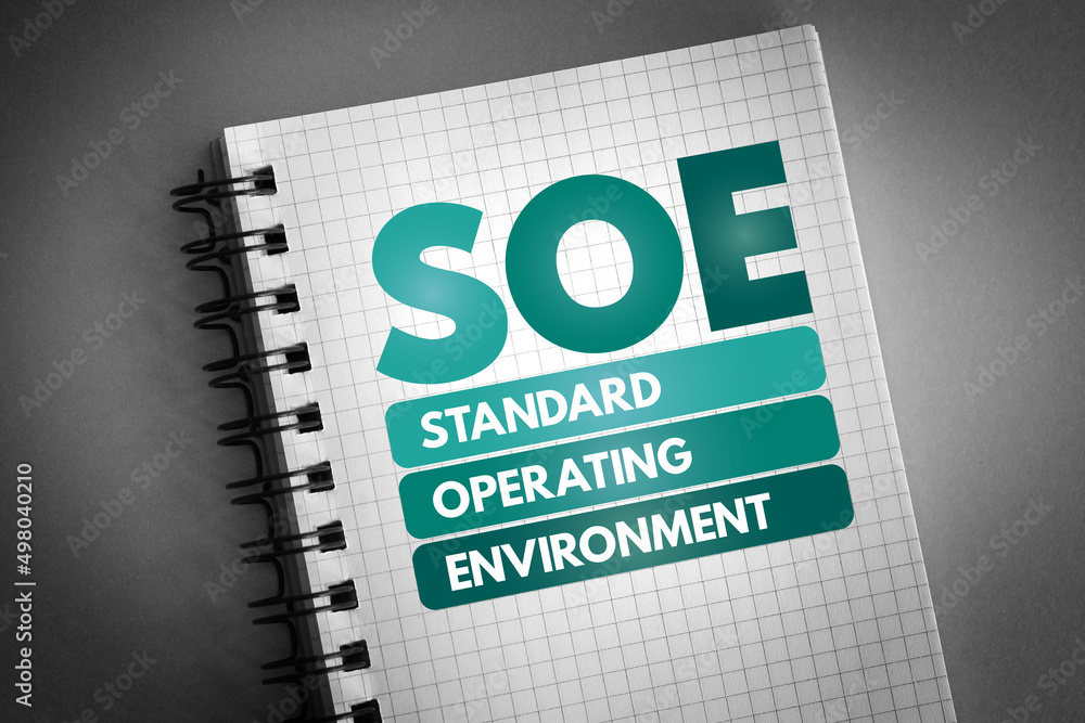 Poster soe - standard operating environment acronym on notepad, technology concept background