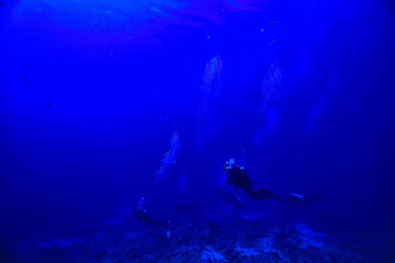 Fototapeta na wymiar divers underwater at depth in the blue sea background