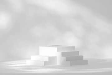 Abstract geometric white stair and on white sunny light and shadow background. Modern minimal showcase scene for product presentation. 3D illustration rendered