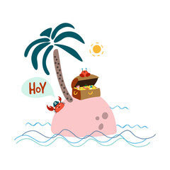 Cute kids pirate print. Hand-drawn funny vector clipart. A cute crab in a pirate hat is on the island and there is a treasure chest nearby. Hoy lettering. 
