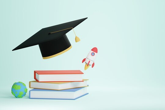 Graduation cap, books, earth and rocket on green pastel background. Education end of school concept. 3D illustration rendering.