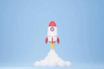 Cartoon rocket launch on blue background. Business startup concept. 3D illustration rendering.