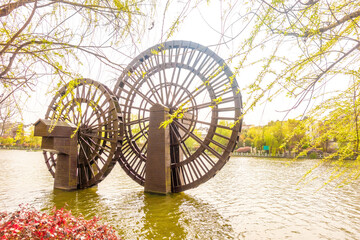 A water wheel used for irrigation in ancient China