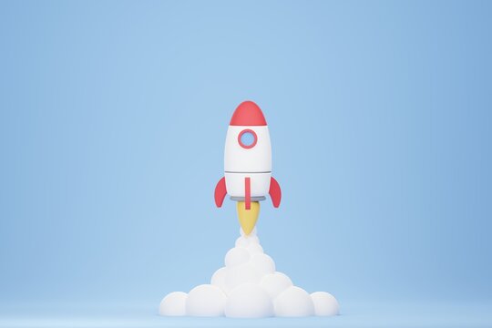 Cartoon rocket launch on blue background. Business startup concept. 3D illustration rendering.