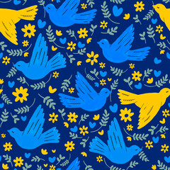Seamless pattern of hand drawn peace doves in blue and yellow colors. Cute illustration for background, wrapping paper, wallpaper, fabric.