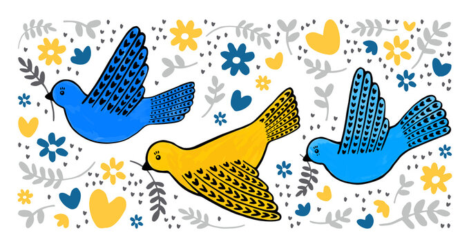 Hand drawn peace doves in blue and yellow colors. Cute illustration for a postcard or poster.