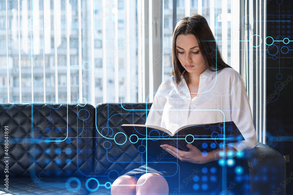 Aufkleber portrait of attractive businesswoman in formal wear working with documents and thinking how to optim
