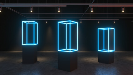 3D render Glowing neon lighting on floor reflection for future premium product or technology