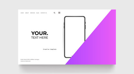 Mobile phone presentation app landing page in minimalistic style on gradient purple background. Realistic smartphone on web page