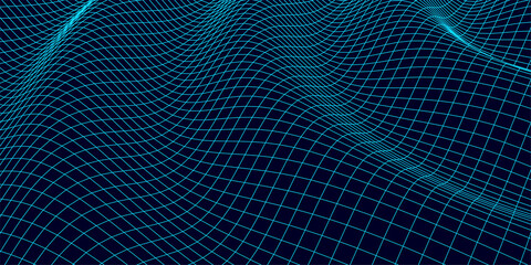 Abstract vector distorted technology wireframe wave. Curve surface background. Dark background with motion dots and lines. Mesh wave. © Flow 37