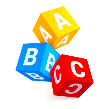 Multicolored falling alphabet cubes with letters A,B,C realistic vector childish educative game toy