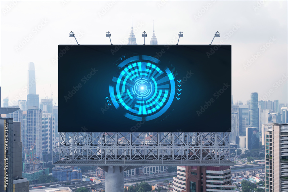 Poster technology hologram on billboard over panorama city view of kuala lumpur. kl is the largest tech hub