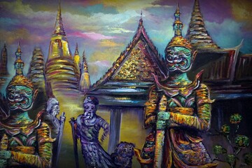 Fototapeta na wymiar Art painting Oil color Literature Ramayana religion background From Thailand temple