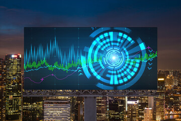 FOREX graph hologram on billboard, aerial night panoramic cityscape of Singapore. The developed location for stock market researchers in Southeast Asia. The concept of fundamental analysis