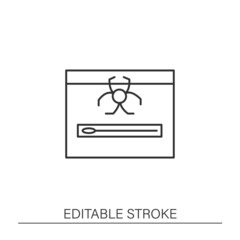 Test line icon. Biohazard bag with nasal swab kit. Coronavirus testing process. Testing virus concept. Isolated vector illustration. Editable stroke