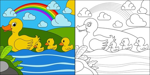 Mother duck with three cubs suitable for children's coloring page vector illustration