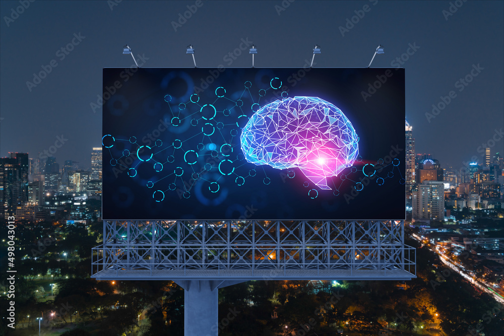 Poster brain hologram on billboard with bangkok cityscape background at night time. street advertising post