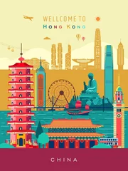 Foto op Plexiglas Hong Kong city travel retro poster art design colored vector illustration © tatoman