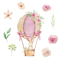 Watercolor spring easter set with bunny in balloon